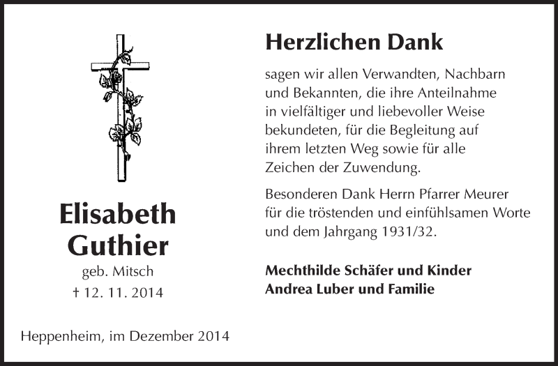  Traueranzeige für Elisabeth Guthier vom 01.12.2014 aus Starkenburger Echo
