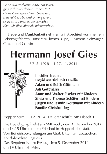 Traueranzeige von Hermann Josef Gies von Starkenburger Echo