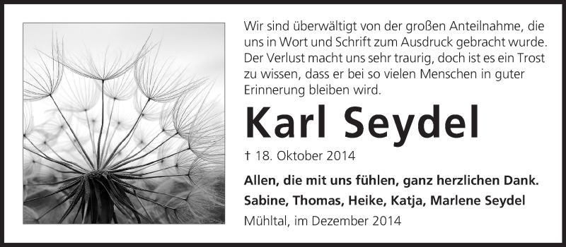  Traueranzeige für Karl Seydel vom 06.12.2014 aus Echo-Zeitungen (Gesamtausgabe)