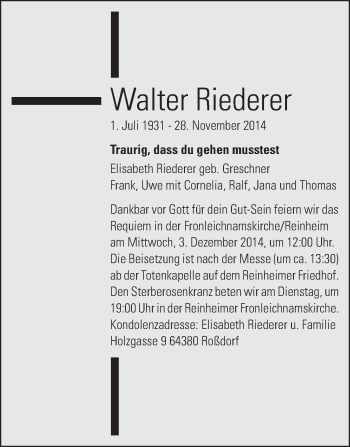 Traueranzeige von Walter Riederer von Echo-Zeitungen (Gesamtausgabe)