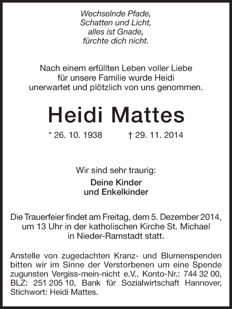  Traueranzeige für Heidi Mattes vom 02.12.2014 aus Echo-Zeitungen (Gesamtausgabe)