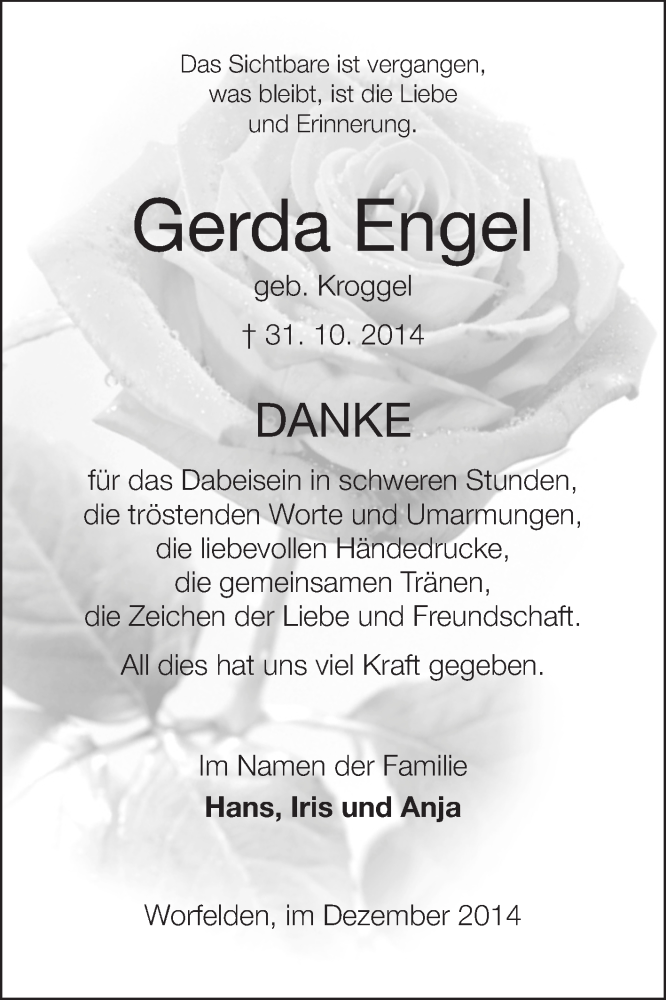  Traueranzeige für Gerda Engel vom 03.12.2014 aus Rüsselsheimer Echo, Groß-Gerauer-Echo, Ried Echo