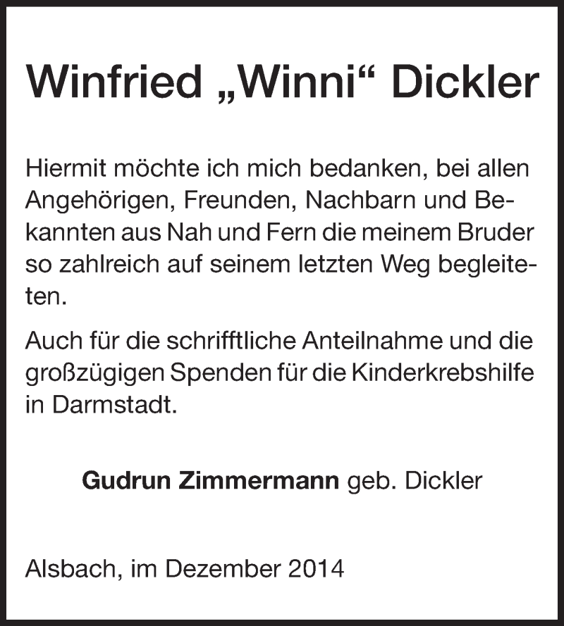  Traueranzeige für Winfried Dickler vom 06.12.2014 aus Echo-Zeitungen (Gesamtausgabe)