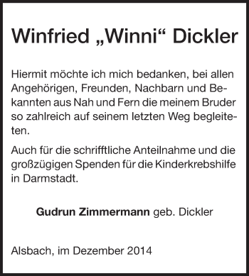 Traueranzeige von Winfried Dickler von Echo-Zeitungen (Gesamtausgabe)