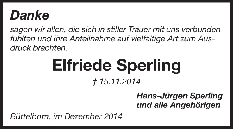  Traueranzeige für Elfriede Sperling vom 03.12.2014 aus Rüsselsheimer Echo, Groß-Gerauer-Echo, Ried Echo