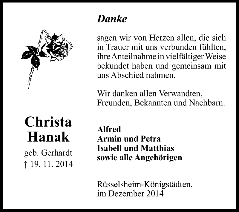  Traueranzeige für Christa Hanak vom 06.12.2014 aus Rüsselsheimer Echo, Groß-Gerauer-Echo, Ried Echo