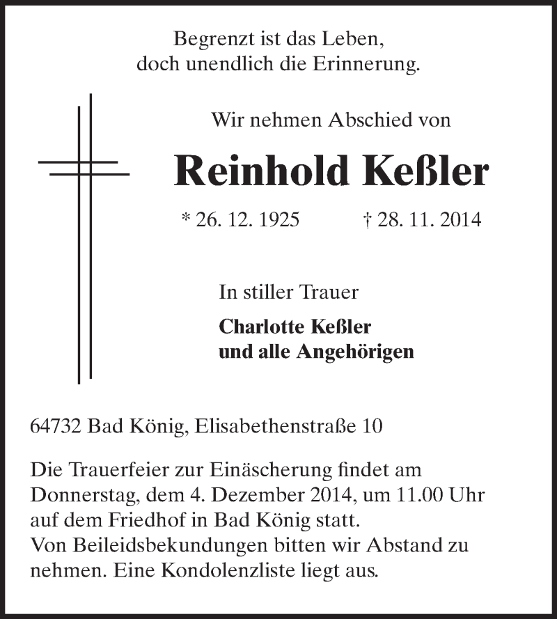  Traueranzeige für Reinhold Keßler vom 02.12.2014 aus Odenwälder Echo