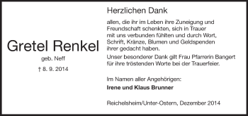 Traueranzeige von Gretel Renkel von Odenwälder Echo