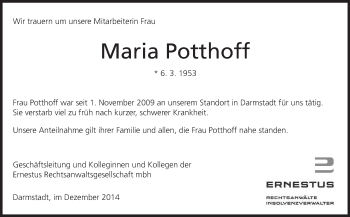 Traueranzeige von Maria Potthoff von Echo-Zeitungen (Gesamtausgabe)
