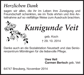 Traueranzeige von Kunigunde Veit von Odenwälder Echo