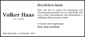 Traueranzeige von Volker Haas von Echo-Zeitungen (Gesamtausgabe)