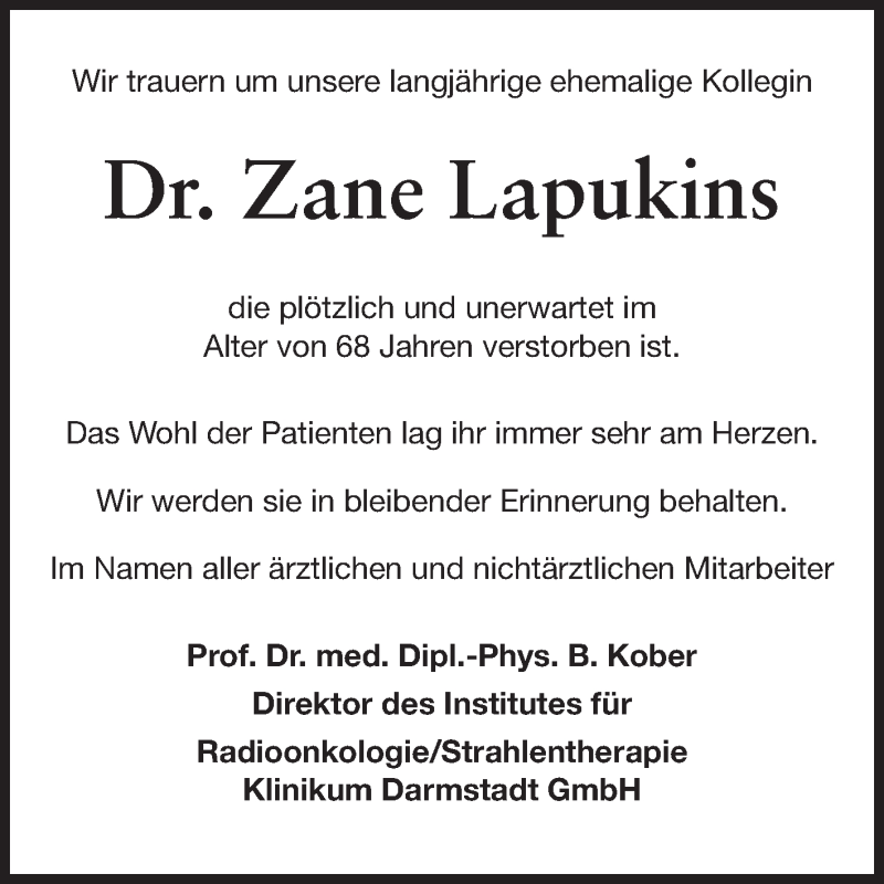  Traueranzeige für Zane Lapukins vom 06.12.2014 aus Echo-Zeitungen (Gesamtausgabe)