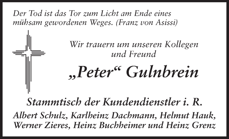  Traueranzeige für Peter Gulnbrein vom 04.12.2014 aus Odenwälder Echo