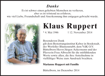 Traueranzeige von Klaus Ruppert von Rüsselsheimer Echo, Groß-Gerauer-Echo, Ried Echo