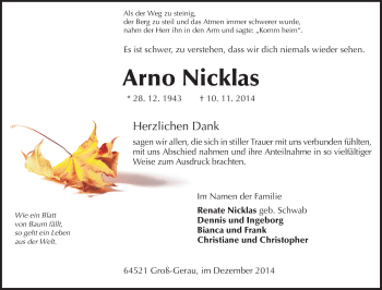Traueranzeige von Arno Nicklas von Rüsselsheimer Echo, Groß-Gerauer-Echo, Ried Echo