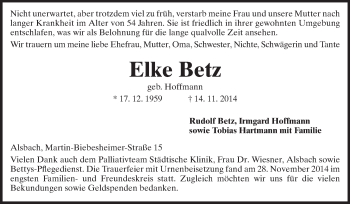 Traueranzeige von Elke Betz von Echo-Zeitungen (Gesamtausgabe)