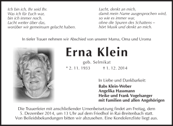 Traueranzeige von Erna Klein von Odenwälder Echo