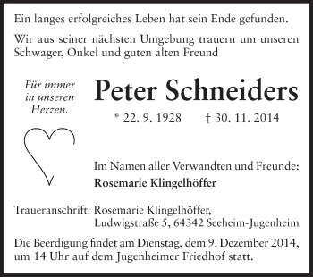 Traueranzeige von Peter Schneiders von Echo-Zeitungen (Gesamtausgabe)