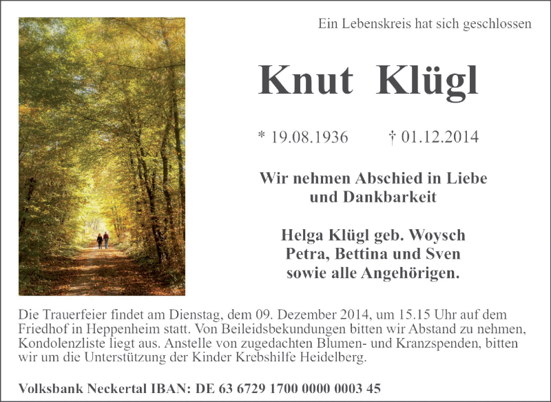  Traueranzeige für Knut Klügl vom 05.12.2014 aus Starkenburger Echo, Bergsträßer Anzeiger