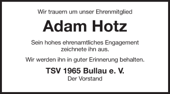 Traueranzeige von Adam Hotz von Odenwälder Echo