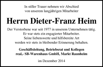 Traueranzeige von Dieter-Franz Heim von Rüsselsheimer Echo, Groß-Gerauer-Echo, Ried Echo