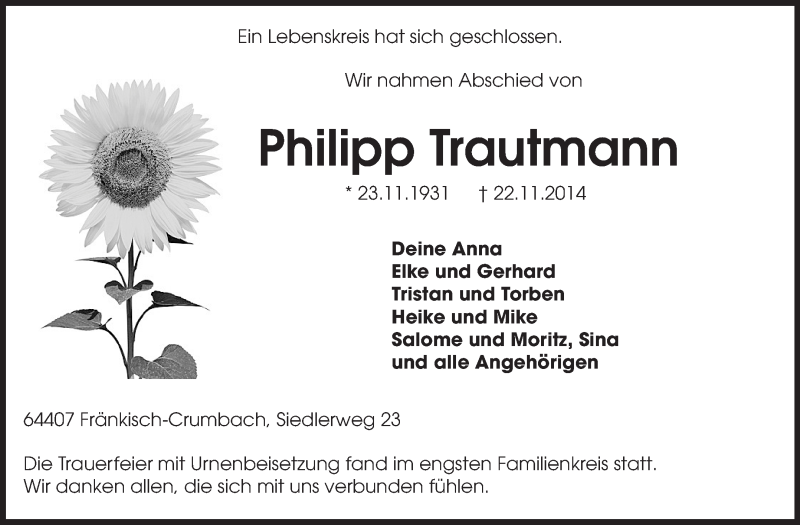  Traueranzeige für Philipp Trautmann vom 06.12.2014 aus Odenwälder Echo