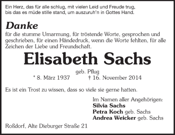 Traueranzeige von Elisabeth Sachs von Echo-Zeitungen (Gesamtausgabe)