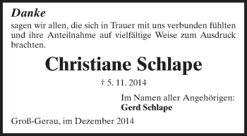 Traueranzeige von Christiane Schlape von Rüsselsheimer Echo, Groß-Gerauer-Echo, Ried Echo