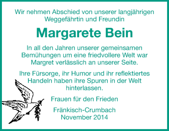Traueranzeige von Margarete Bein von Odenwälder Echo