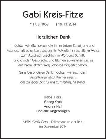 Traueranzeige von Gabi Kreis-Fitze von Rüsselsheimer Echo, Groß-Gerauer-Echo, Ried Echo