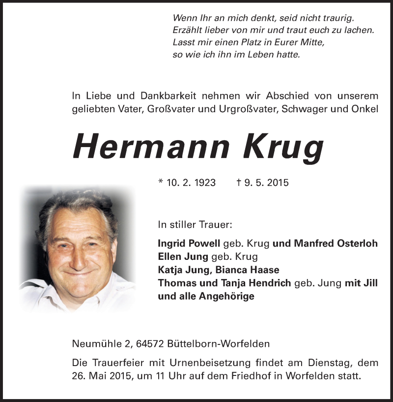  Traueranzeige für Hermann Krug vom 20.05.2015 aus Echo-Zeitungen (Gesamtausgabe)
