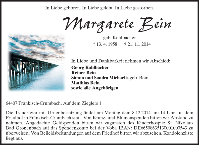  Traueranzeige für Margarete Bein vom 06.12.2014 aus Odenwälder Echo