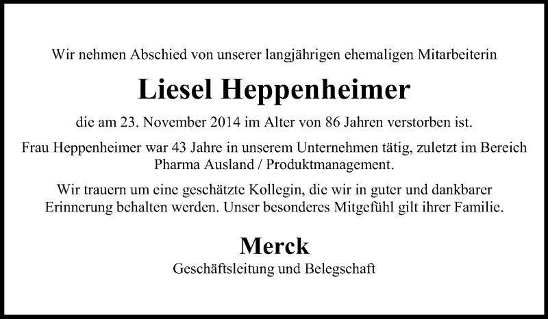  Traueranzeige für Liesel Heppenheimer vom 05.12.2014 aus Echo-Zeitungen (Gesamtausgabe)