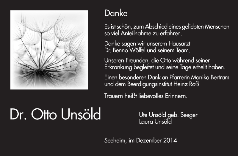  Traueranzeige für Otto Unsöld vom 06.12.2014 aus Echo-Zeitungen (Gesamtausgabe)