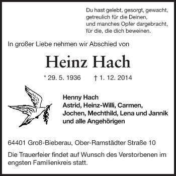 Traueranzeige von Heinz Hach von Echo-Zeitungen (Gesamtausgabe)