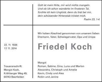 Traueranzeige von Friedel Koch von Odenwälder Echo