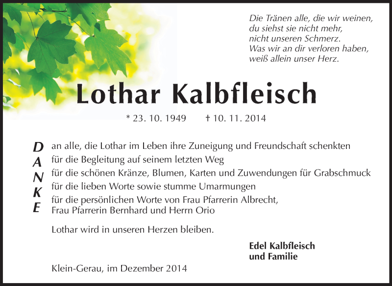  Traueranzeige für Lothar Kalbfleisch vom 06.12.2014 aus Echo-Zeitungen (Gesamtausgabe)