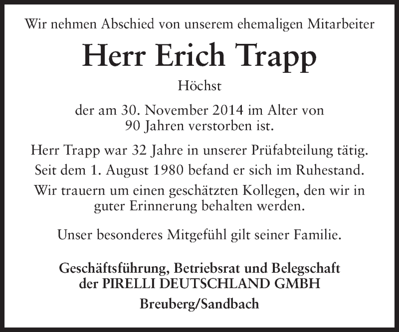  Traueranzeige für Erich Trapp vom 05.12.2014 aus Odenwälder Echo