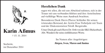 Traueranzeige von Karin Aßmus von Echo-Zeitungen (Gesamtausgabe)