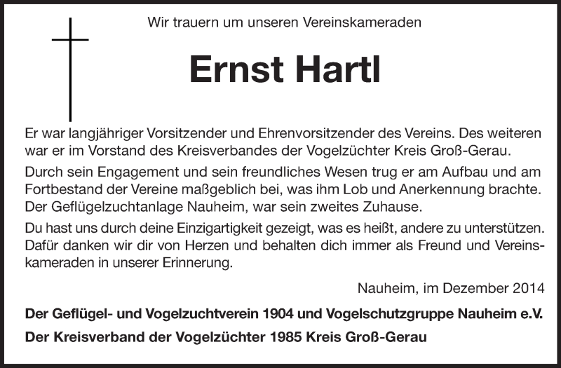  Traueranzeige für Ernst Hartl vom 06.12.2014 aus Rüsselsheimer Echo, Groß-Gerauer-Echo, Ried Echo
