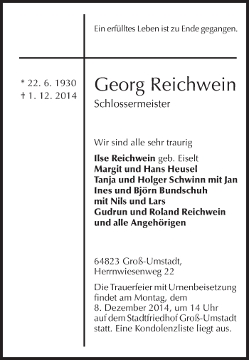 Traueranzeige von Georg Reichwein von Echo-Zeitungen (Gesamtausgabe)