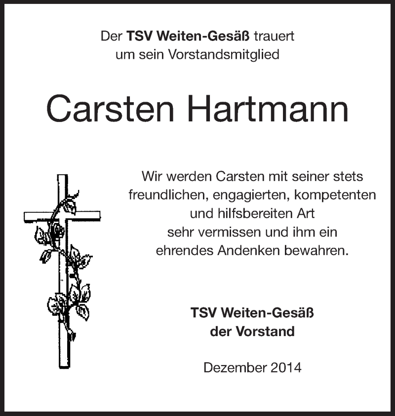  Traueranzeige für Carsten Hartmann vom 05.12.2014 aus Odenwälder Echo