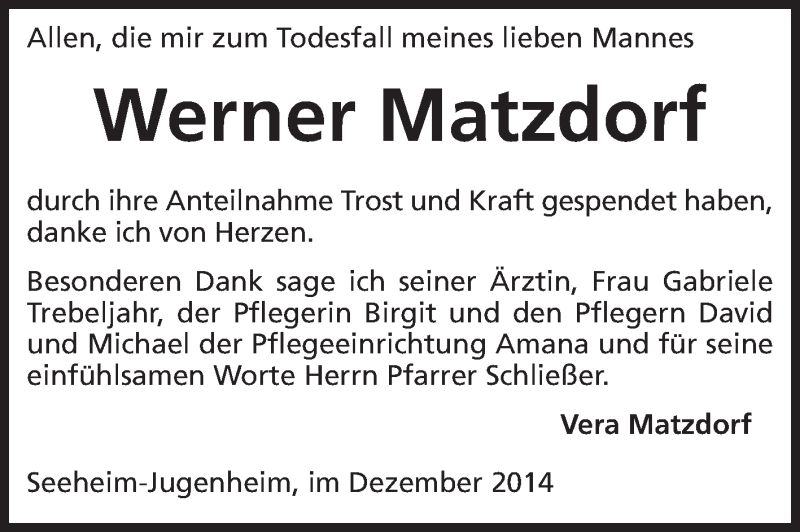  Traueranzeige für Werner Matzdorf vom 06.12.2014 aus Echo-Zeitungen (Gesamtausgabe)