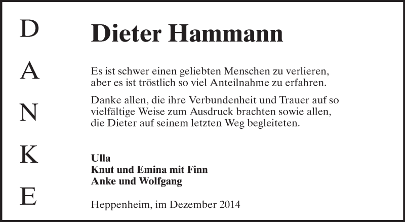  Traueranzeige für Dieter Hammann vom 05.12.2014 aus Starkenburger Echo, Bergsträßer Anzeiger