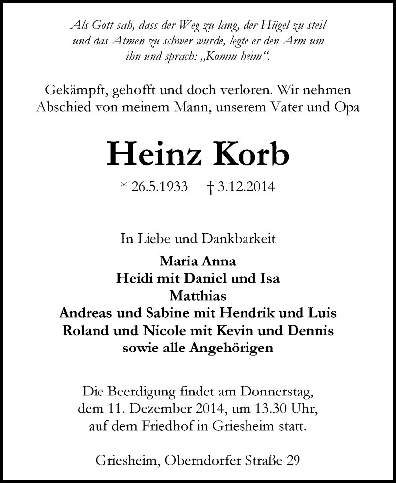  Traueranzeige für Heinz Korb vom 06.12.2014 aus Echo-Zeitungen (Gesamtausgabe)