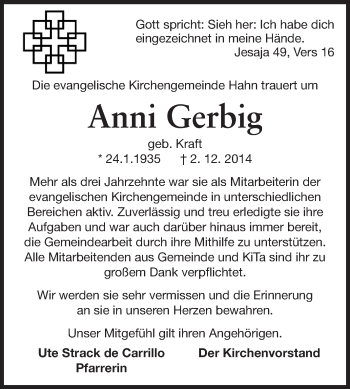 Traueranzeige von Anni Gerbig von Echo-Zeitungen (Gesamtausgabe)
