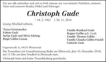 Traueranzeige von Christoph Gude von Echo-Zeitungen (Gesamtausgabe)