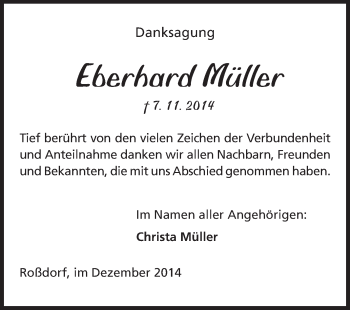 Traueranzeige von Eberhard Müller von Echo-Zeitungen (Gesamtausgabe)