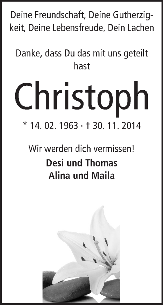  Traueranzeige für Christoph Gude vom 06.12.2014 aus Echo-Zeitungen (Gesamtausgabe)