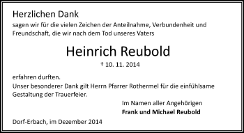 Traueranzeige von Heinrich Reubold von Odenwälder Echo